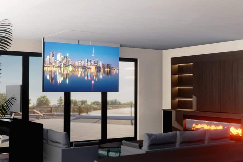 A living room with a flat screen tv and a fireplace featuring a smart home installation.
