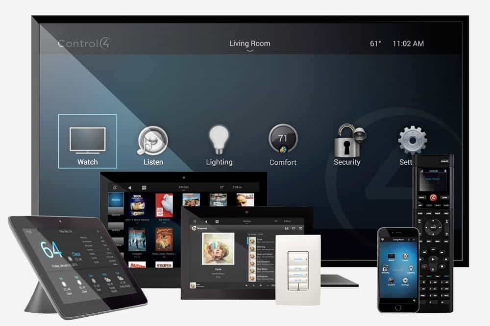 A tv with a control4 remote control, a tablet, a phone and another remote control.